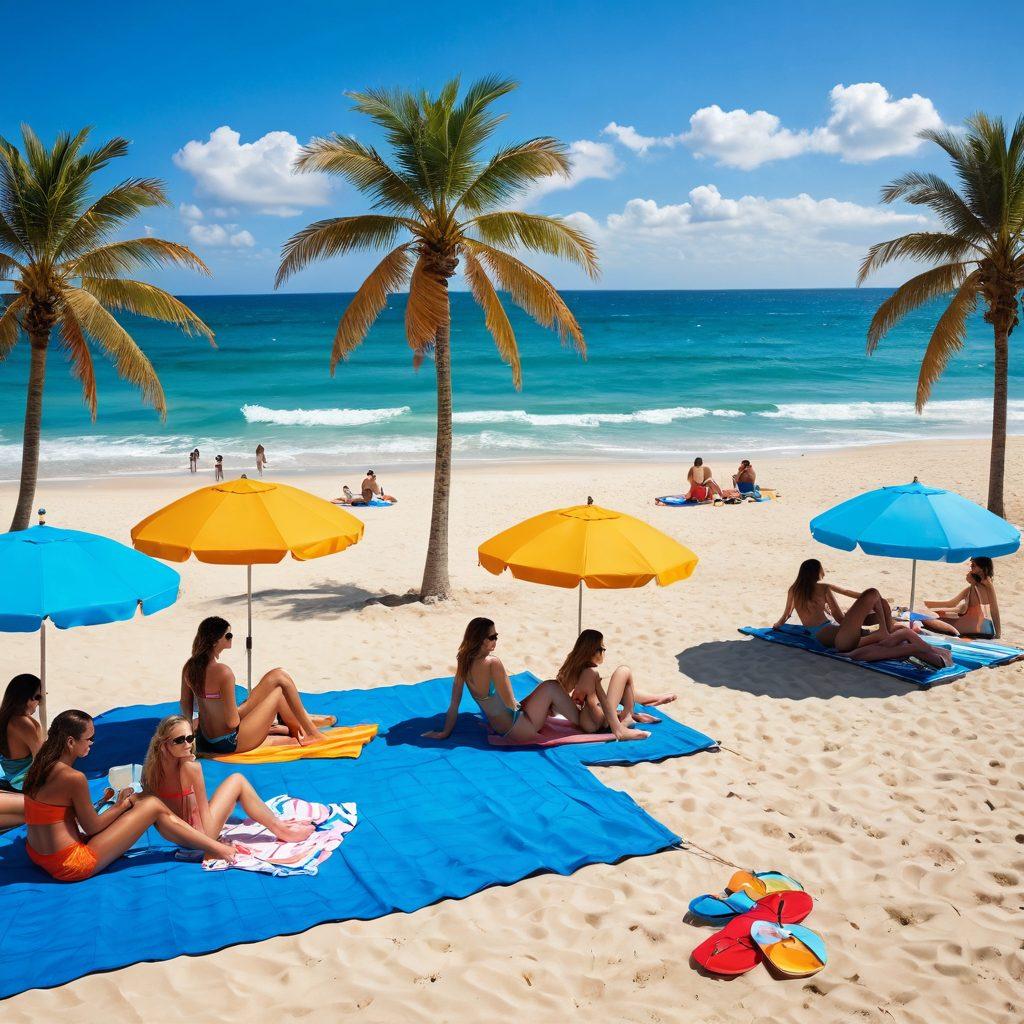 A vibrant beach scene showcasing a diverse group of young people wearing stylish bikinis and cozy loungewear, lounging under colorful umbrellas, playing beach volleyball, and building sandcastles. The backdrop features a bright blue ocean and a clear sky, adding an inviting summer atmosphere. Incorporate elements like beach towels, flip-flops, and sunglasses to enhance the youthful vibe. super-realistic. vibrant colors. beach aesthetics.